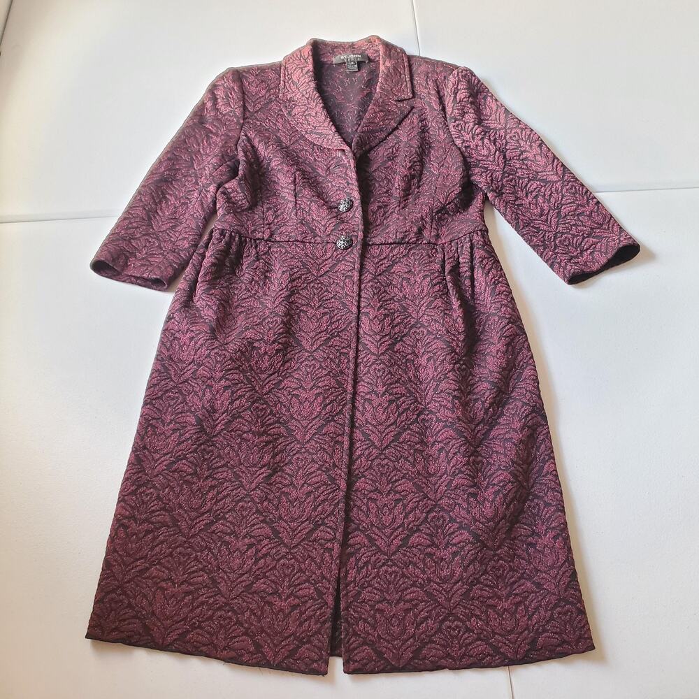 St John Coat Womens 10 Purple Metallic Floral Jacquard Long 3/4 Sleeve Dressy